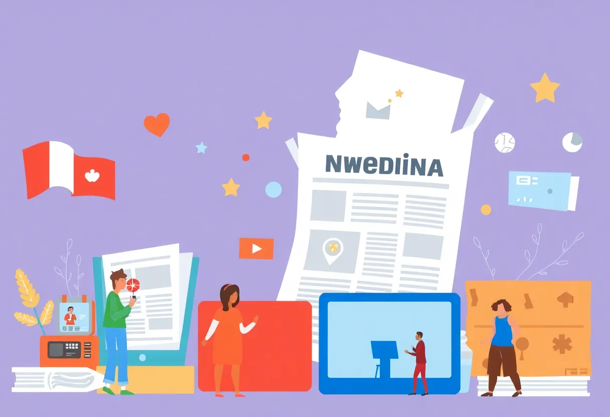 Illustration of a new media publication launch with newspapers and digital devices.