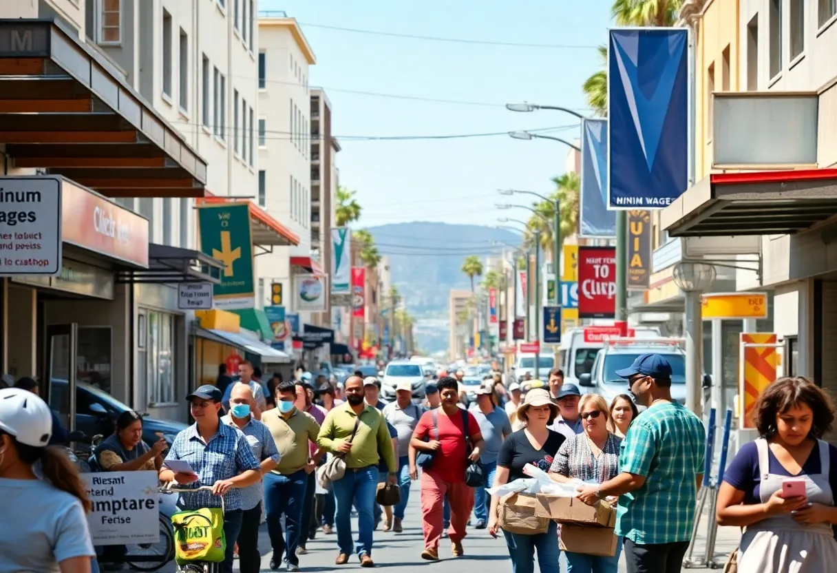 A vibrant California street with workers representing different sectors benefitting from the minimum wage increase.
