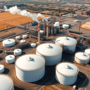 Aerial view of a California oil refinery showing storage tanks and industrial facilities.