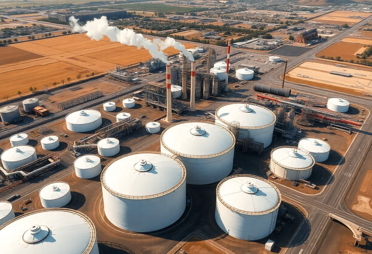 Aerial view of a California oil refinery showing storage tanks and industrial facilities.