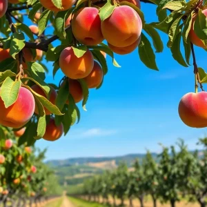 Peach trees in a California orchard during harvest