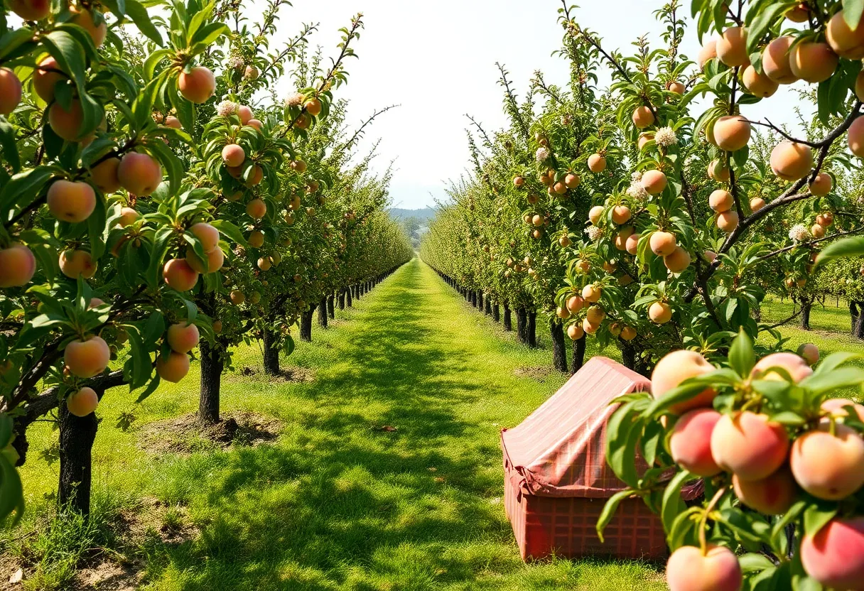 Peach orchard in California with blooming trees