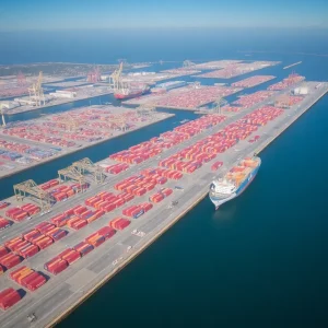 Aerial view of shipping containers at California ports