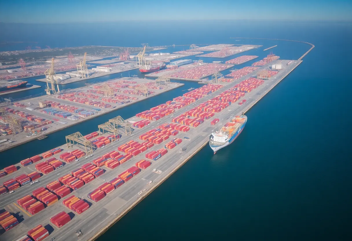 Aerial view of shipping containers at California ports