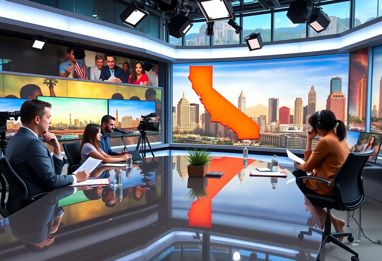 Interior of The California Post newsroom with diverse journalists.
