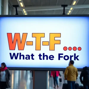 Billboard displaying 'W-T-F... What the Fork' at Sacramento International Airport