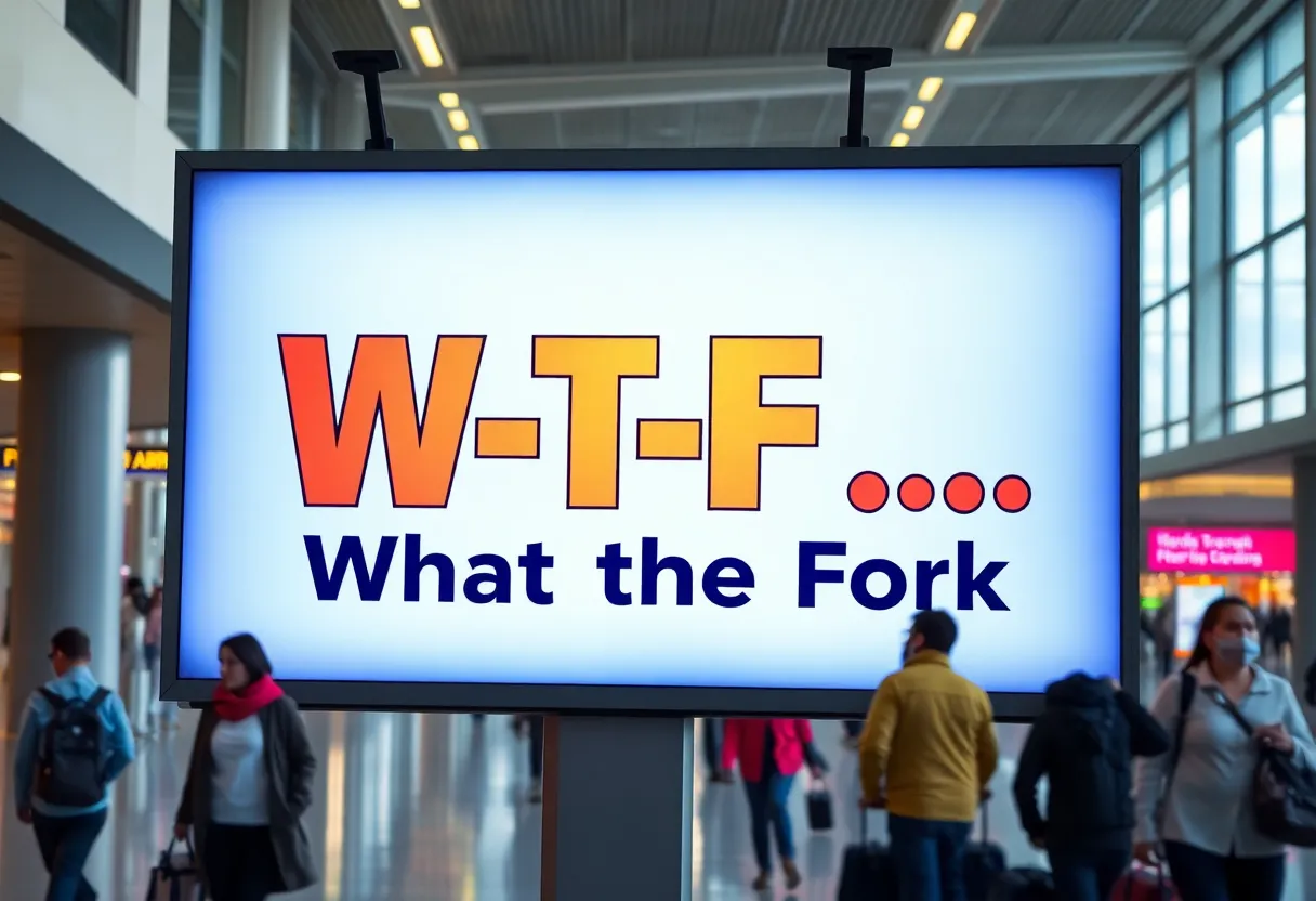Billboard displaying 'W-T-F... What the Fork' at Sacramento International Airport