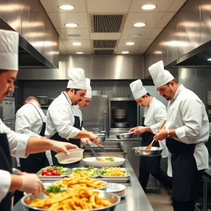 Chefs working in a California restaurant kitchen