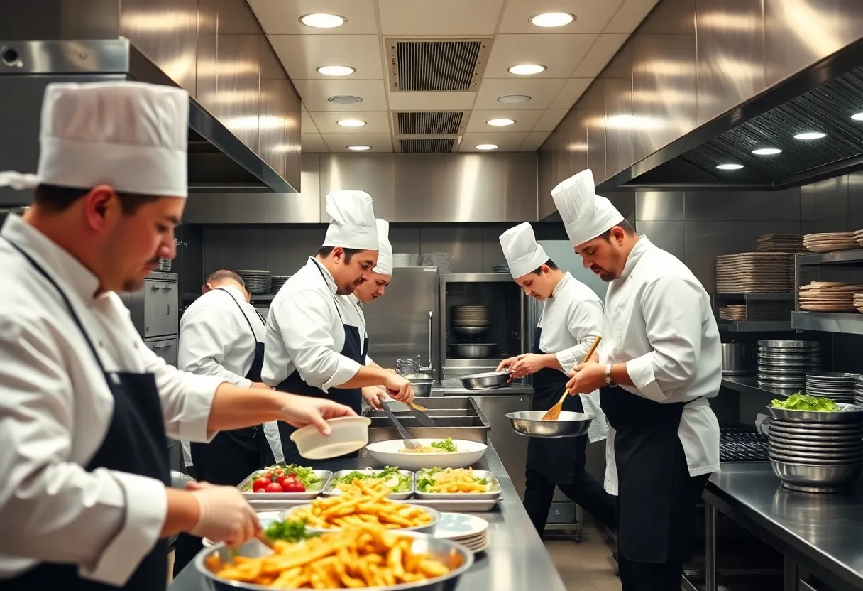 Chefs working in a California restaurant kitchen