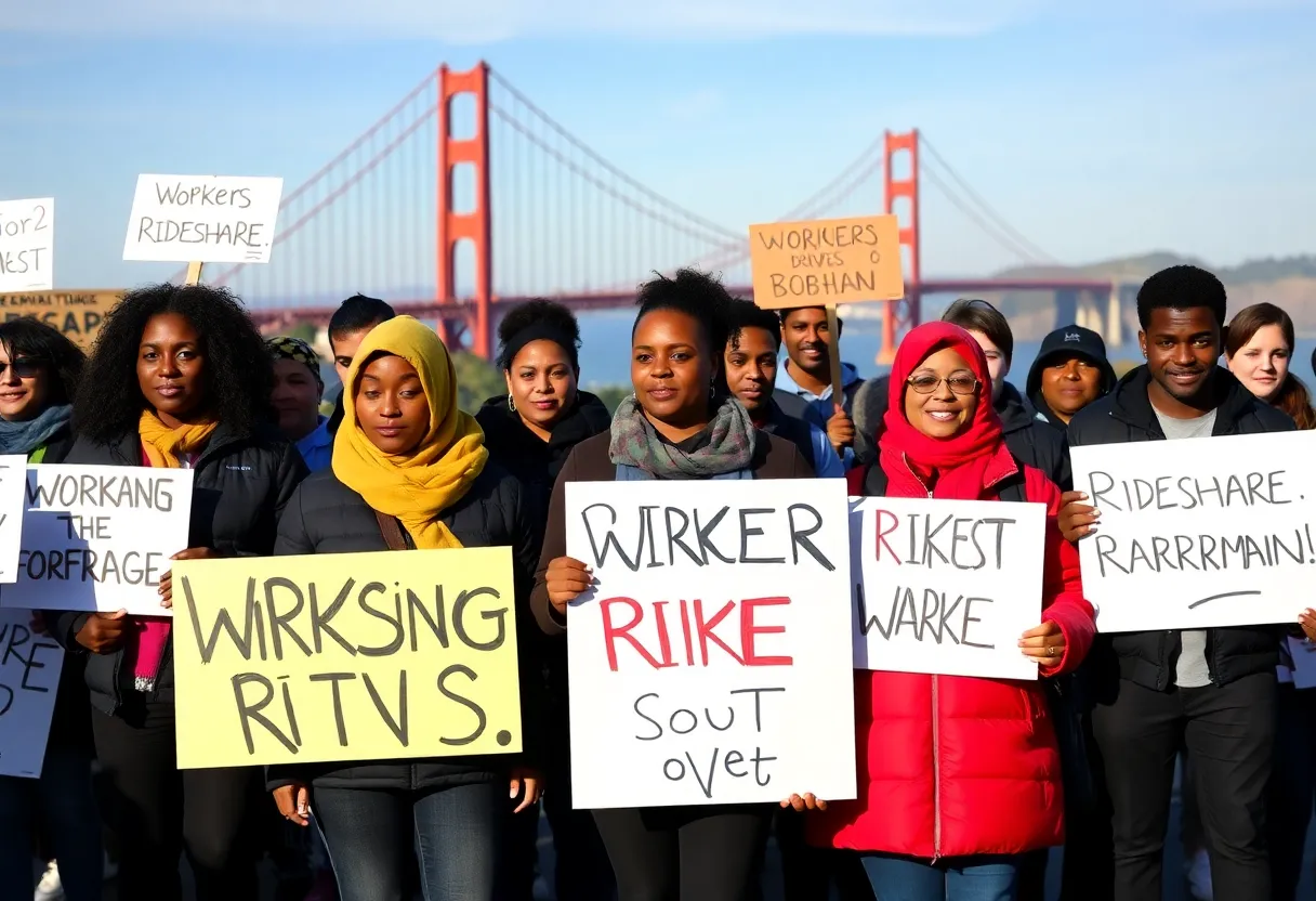 Diverse rideshare drivers advocating for union rights in California