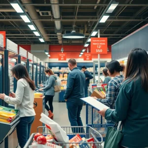 Self-checkout lanes in a grocery store with a cashier overseeing