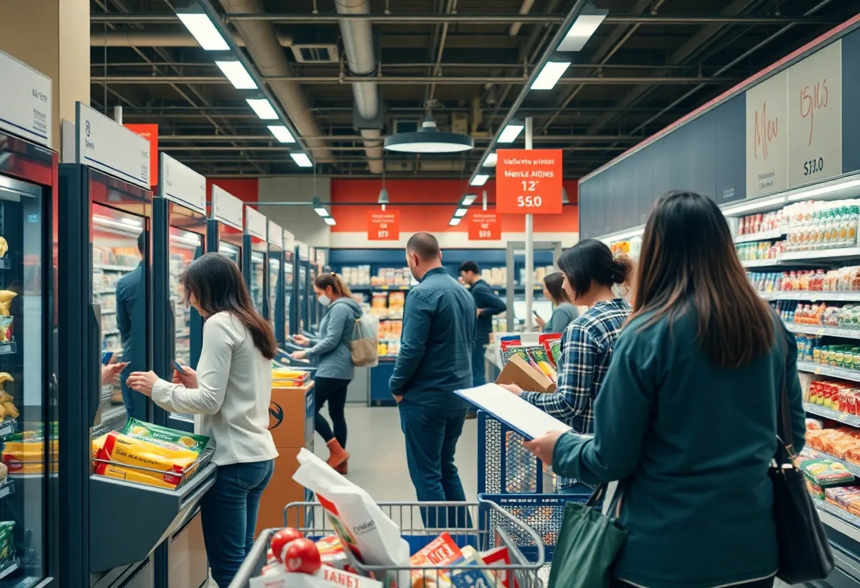 Self-checkout lanes in a grocery store with a cashier overseeing