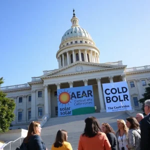 Protesters advocating for solar energy in front of the California State Capitol