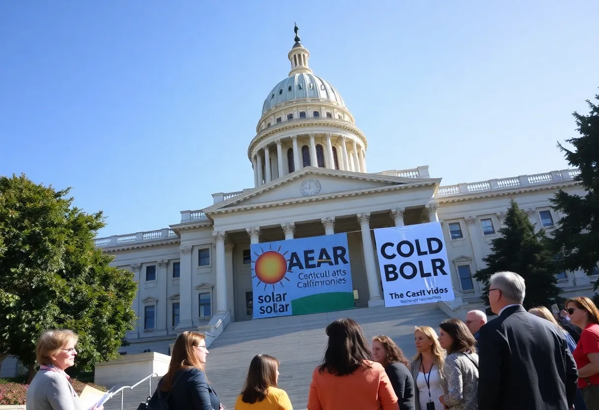 Protesters advocating for solar energy in front of the California State Capitol