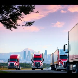 Heavy-duty trucks in California with skyscrapers in the background.