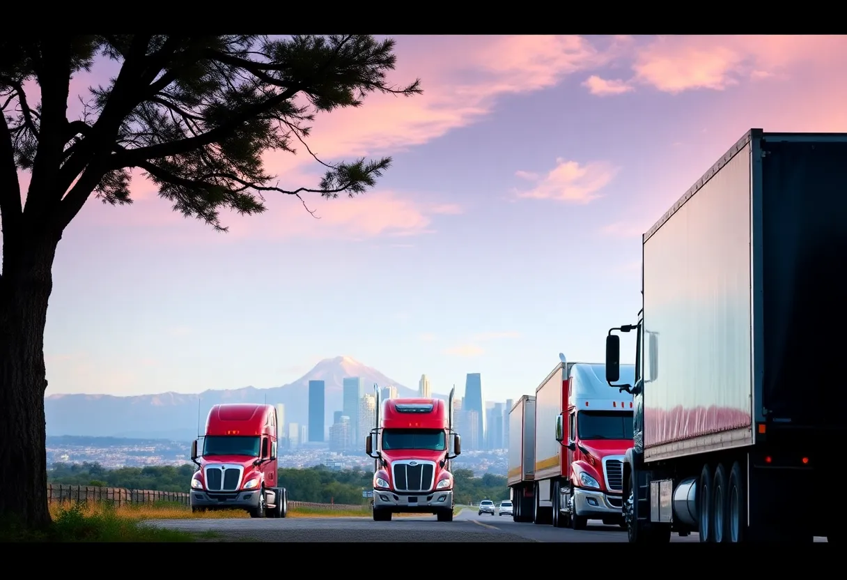 Heavy-duty trucks in California with skyscrapers in the background.