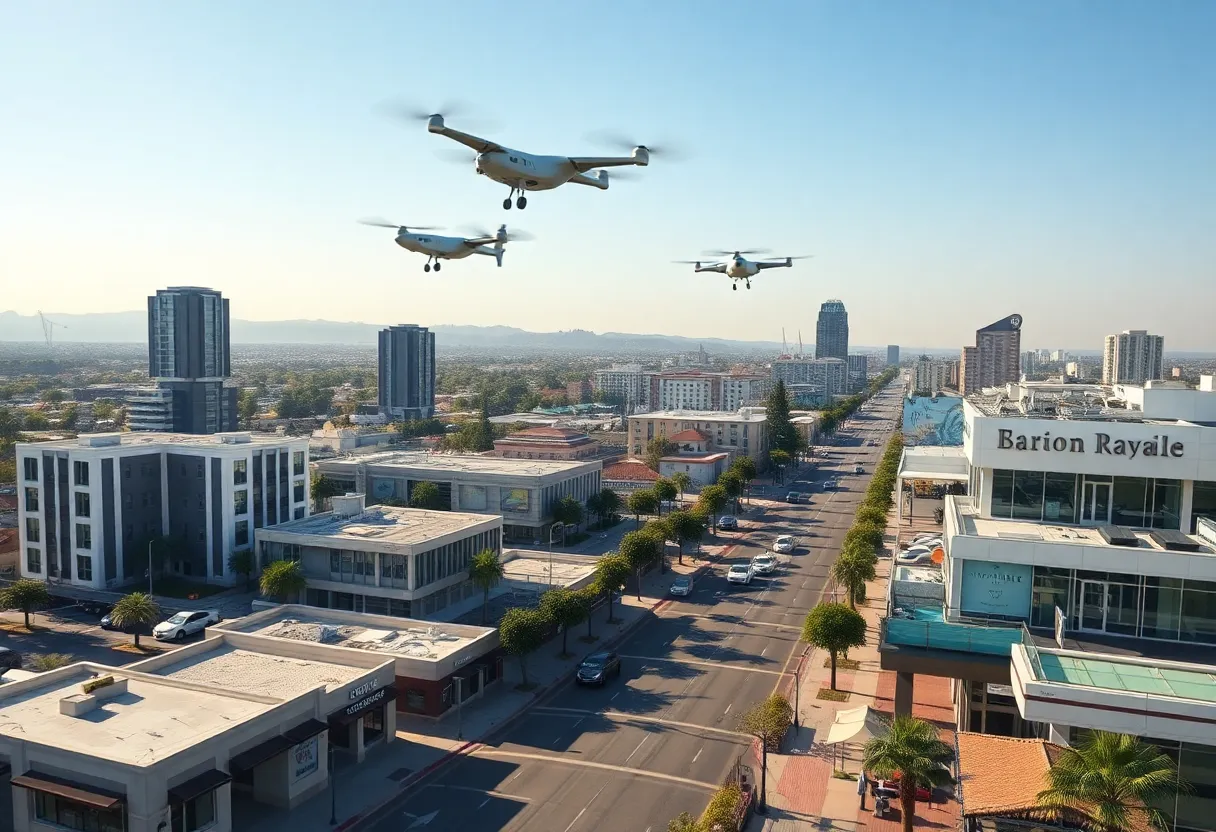 A vibrant California city with futuristic elements and ongoing development