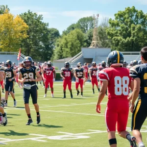 High school football players in action on the field.