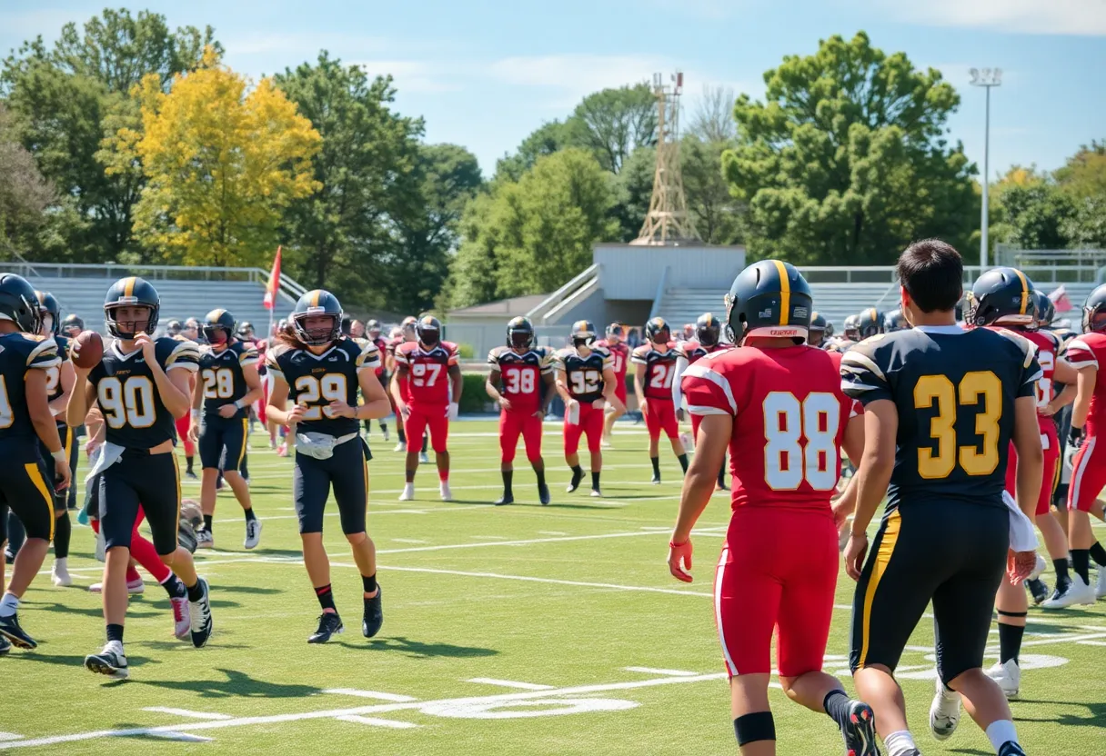 High school football players in action on the field.