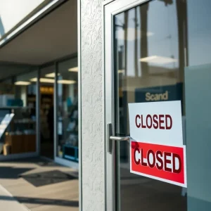 A closed retail storefront of Bed Bath & Beyond with signage indicating closure.