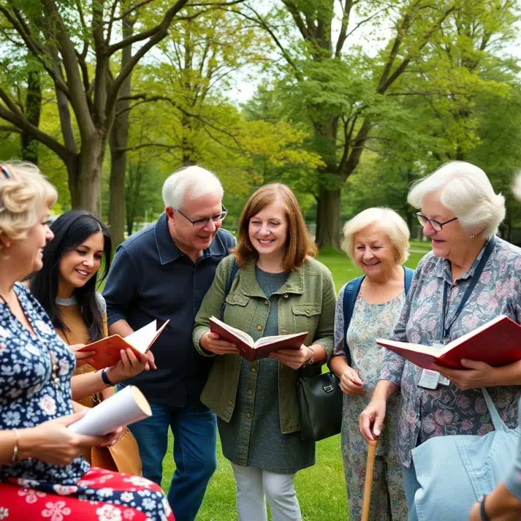 A gathering of community members sharing stories in a park in Knoxville