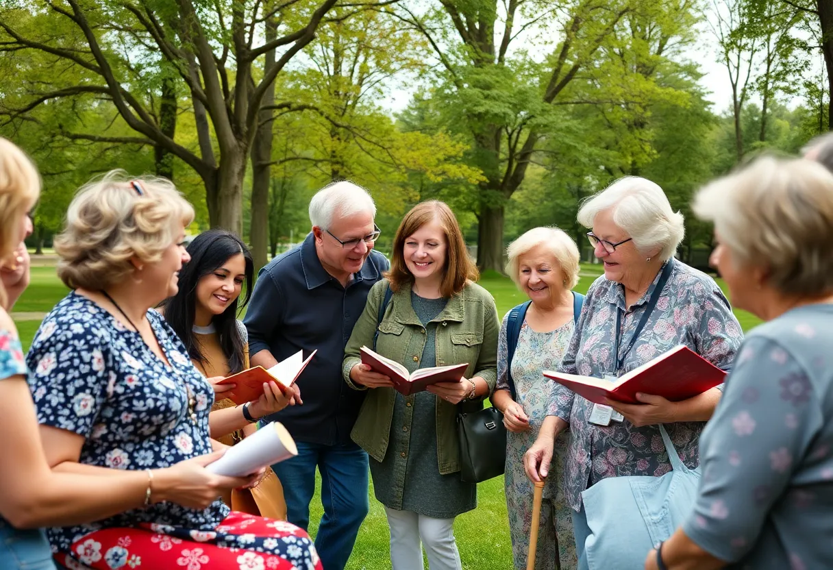 A gathering of community members sharing stories in a park in Knoxville
