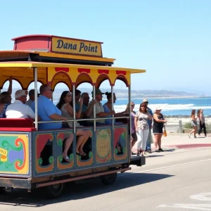 Dana Point trolley at a stop with passengers