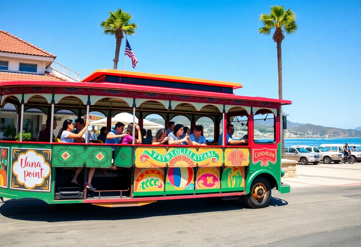 Colorful trolley in Dana Point during summer with coastal scenery