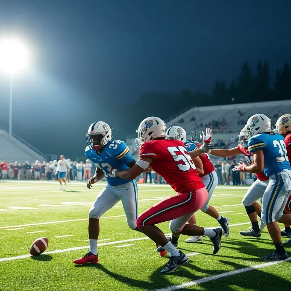 A college football game with players competing on the field