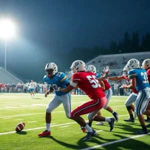 A college football game with players competing on the field