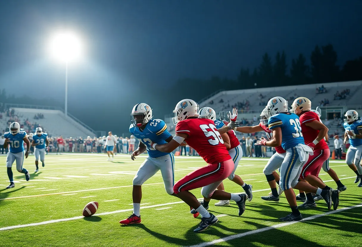 A college football game with players competing on the field