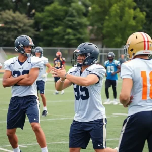 Young football players practicing defensive drills on the field
