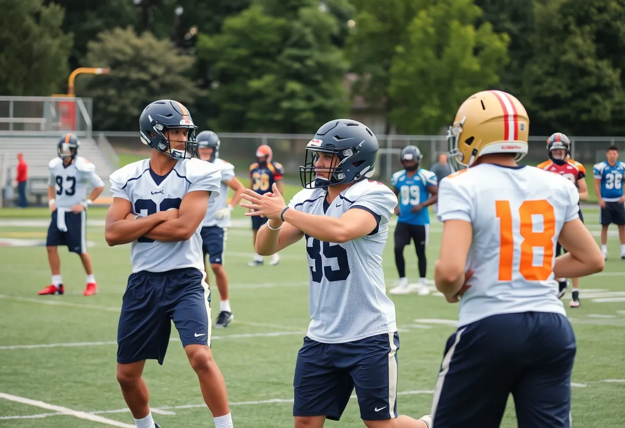 Young football players practicing defensive drills on the field