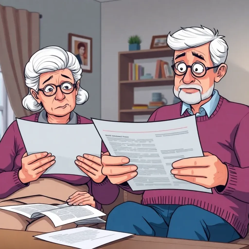 Worried elderly couple reviewing financial documents