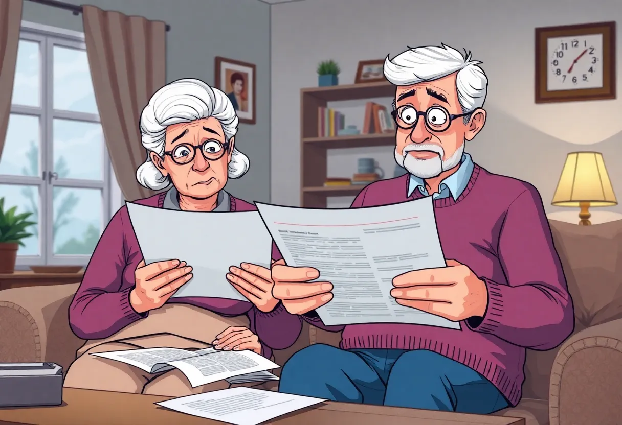 Worried elderly couple reviewing financial documents