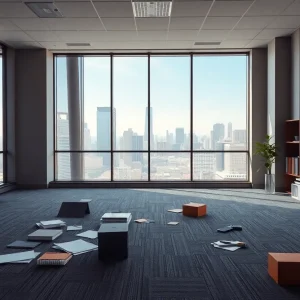 Empty state office space with supplies scattered around