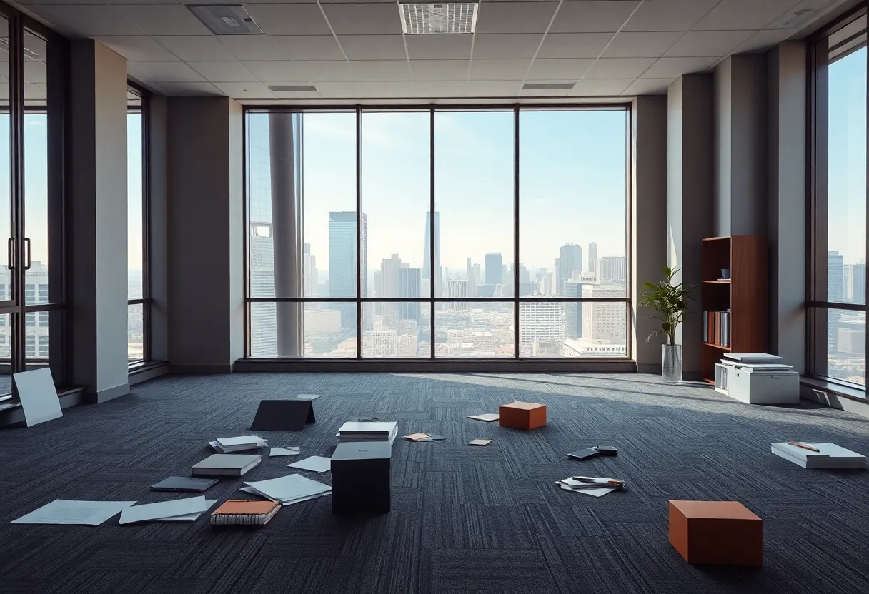 Empty state office space with supplies scattered around