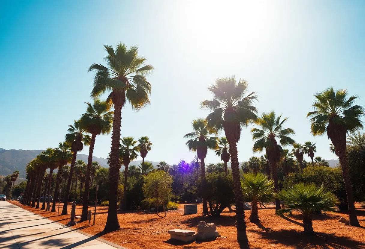 A sunny day in Orange County with palm trees under a clear sky.