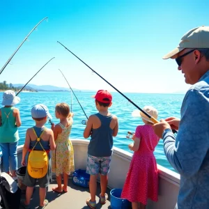 Families fishing at a lake in California on Free Fishing Day
