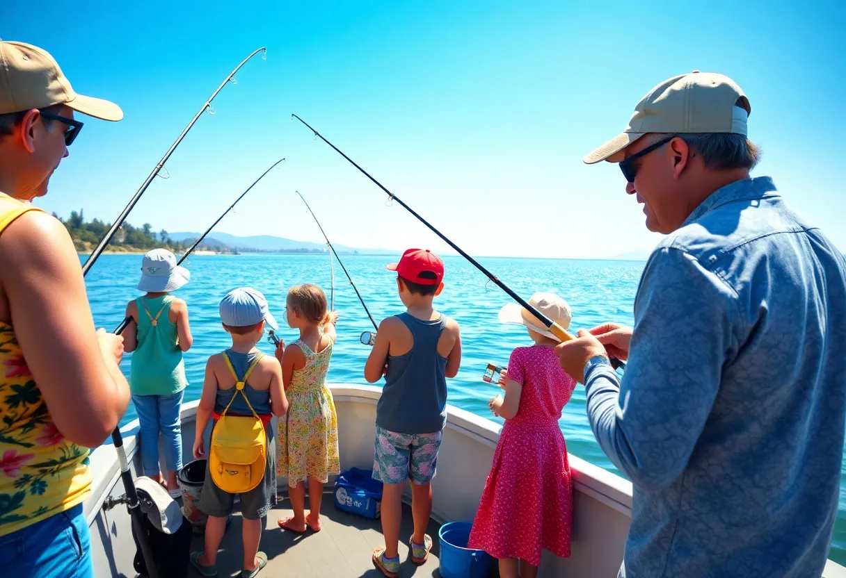 Families fishing at a lake in California on Free Fishing Day