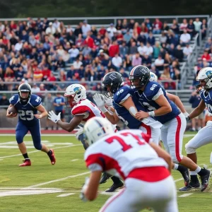 High school football players from Folsom Bulldogs and Grant Pacers competing on the field