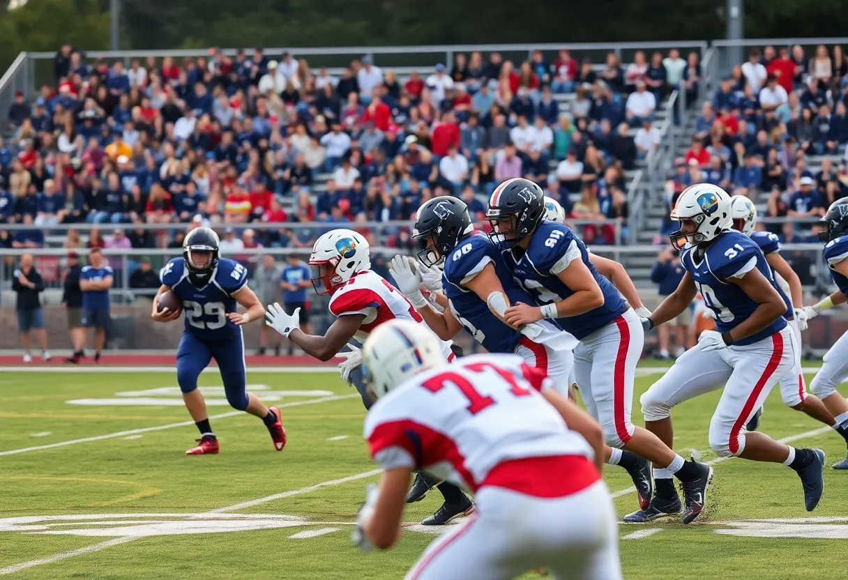 High school football players from Folsom Bulldogs and Grant Pacers competing on the field