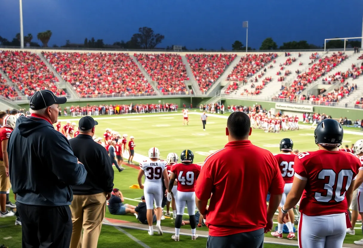 High school football game with players and coaches