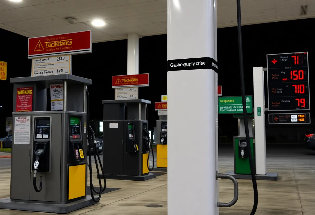 Empty gasoline pumps at a California gas station due to supply issues