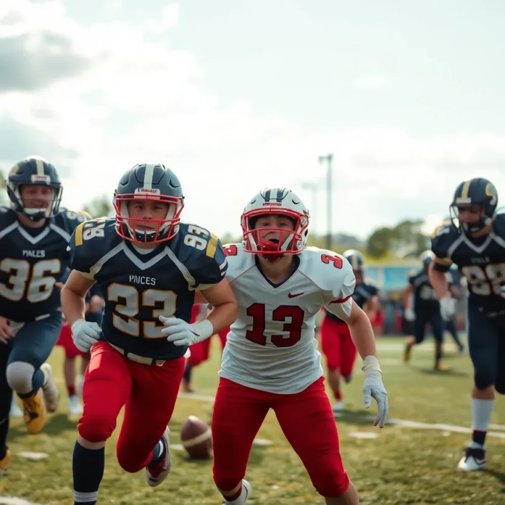 High school football players in action during a game
