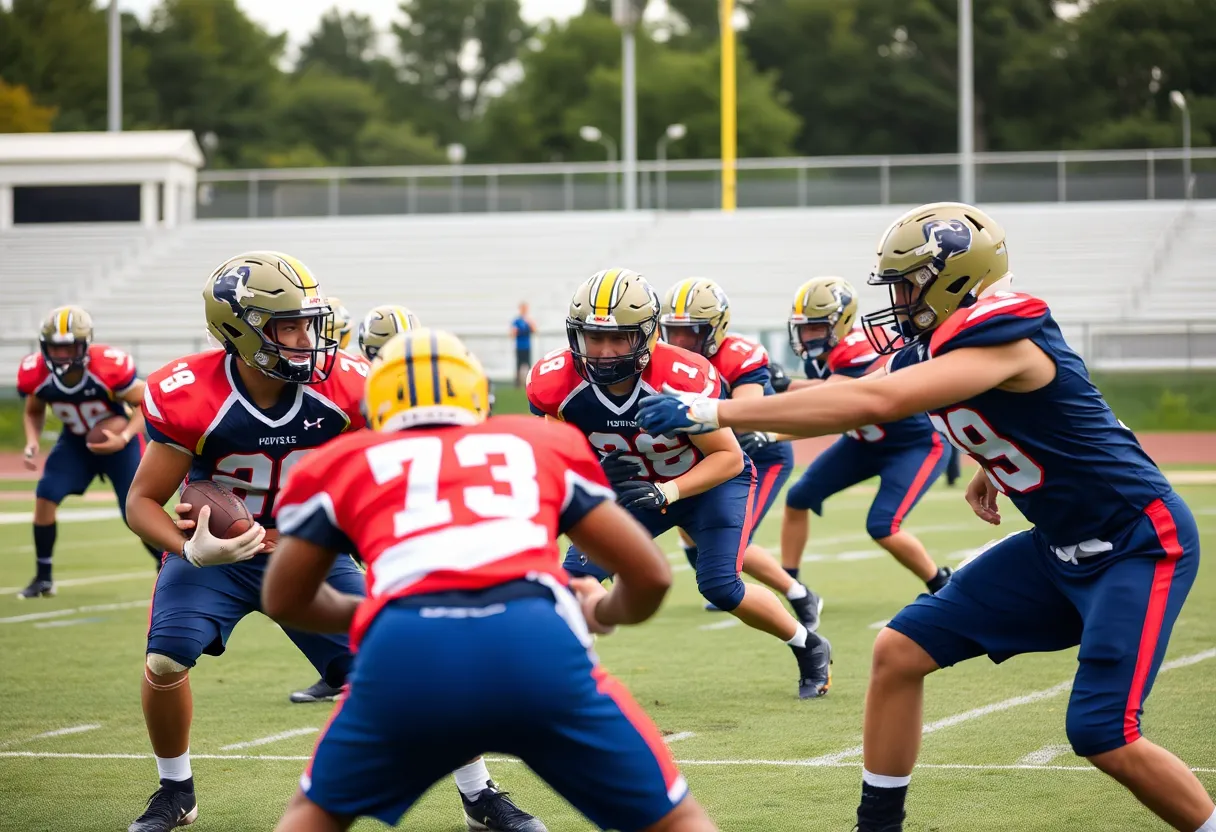 Defensive backs training on a high school football field