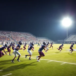 Players in a high school football game under stadium lights