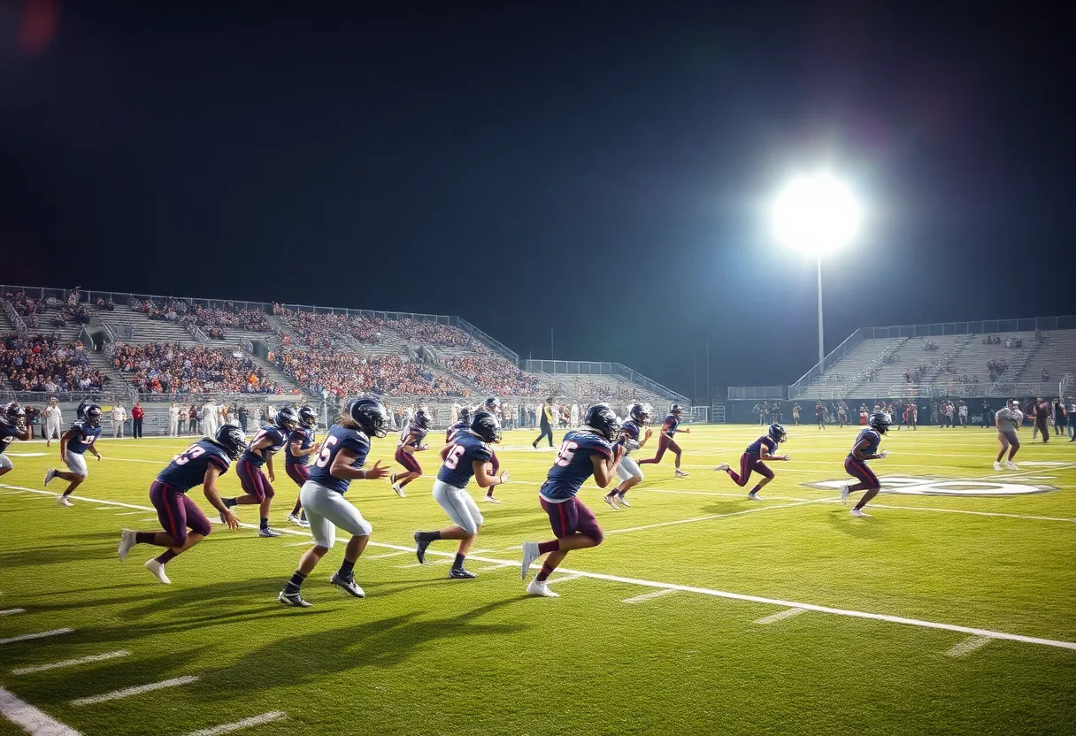 Players in a high school football game under stadium lights