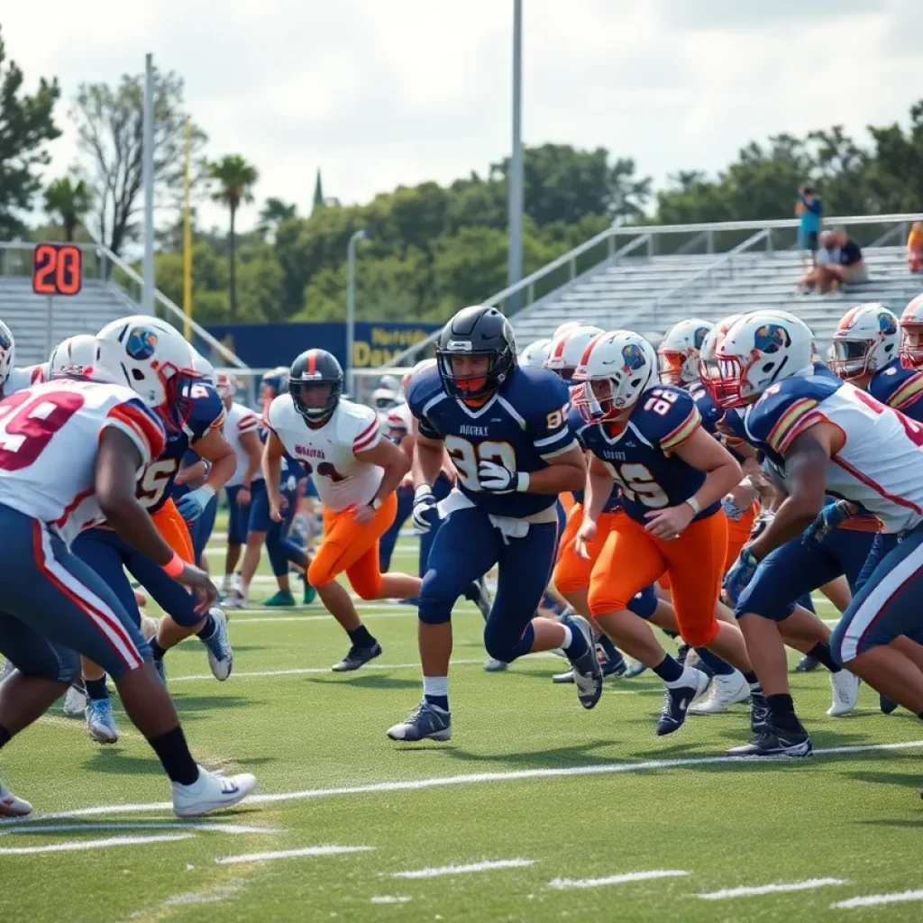 High school football teams competing on the field