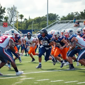 High school football teams competing on the field